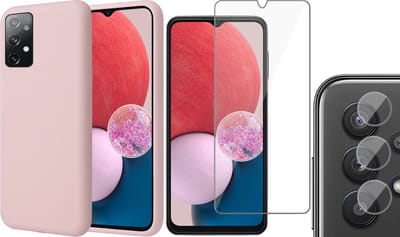 Hoesje geschikt voor Samsung Galaxy A13 4G - Matte Back Cover Microvezel Siliconen Case Hoes Roze - Tempered Glass Screenprotector - Camera Lens Protector