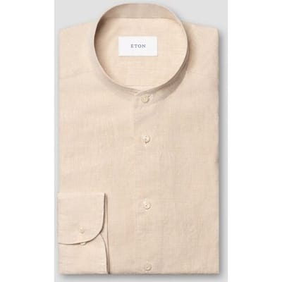 Eton Overhemd Band Collar Luxury Subtle Texture Garment Washed Linnen Beige / male