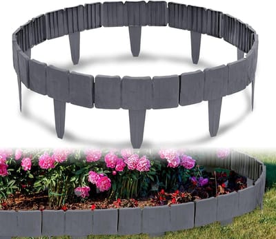 Gazonrand Kunststof - Tuinomranding Bloembed - Tuin Afscheiden - Steenlook Textuur - 10 Meter - Antraciet