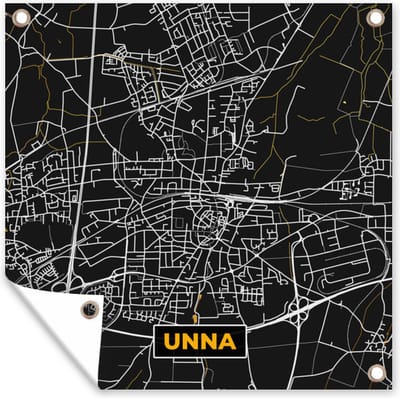 Tuin poster Black and Gold – Stadskaart – Unna – Duitsland – Plattegrond – Kaart - 200x200 cm - Tuindoek