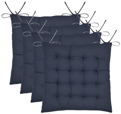 Stof Textile stoelkussen Coline - 4x - donkerblauw - 38 x 38 x 4 cm - touwtjes sluiting - zitkussens - binnen/buiten