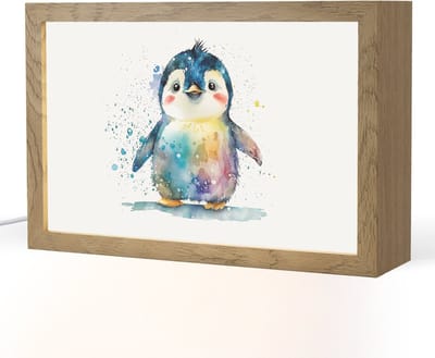 Nachtlampje 30x20 cm - Kinder lampje - Pinguïn - Regenboog - Waterverf - Dieren - Kinderen - Tafellamp kinderkamer - Slaapkamer lamp - Bedlamp kinderen - Kinderlampje stopcontact - Wandlamp babykamer - Nachtlampjes