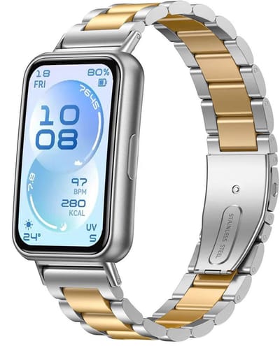 Stravo Stalen schakel bandje – Geschikt voor Huawei Band 11 / Band 11 Pro – Metalen RVS bandje – Zilver / goud (Inclusief inkort toolkit)