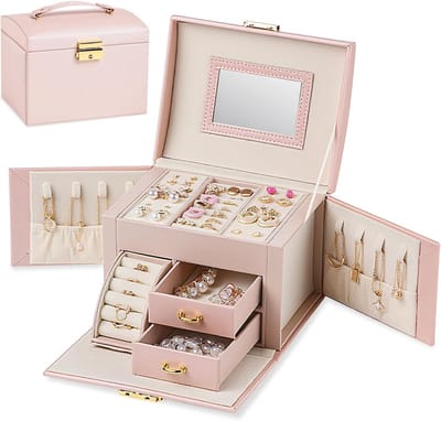 Grote Lockable Sieradenopbergdoos met Spiegel, 3 Laags en 2 Lades voor Ringen, Oorbellen, Kettingen en Armbanden, Perfect Cadeau voor Vrouwen (Roze)