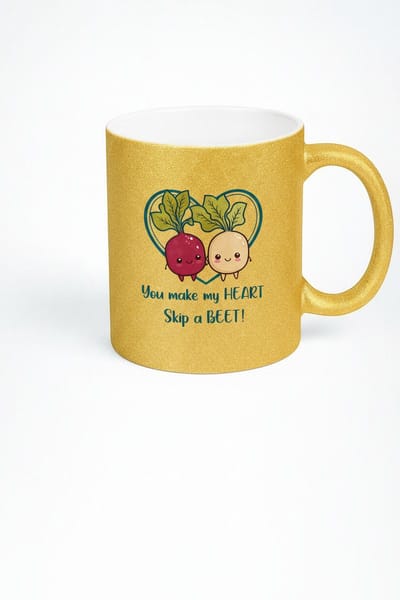 Valentijn Liefdes Mok - Grappige Bieten & Hart - 'You Make My Heart Skip a Beet' - Gouden Glitter Beker Cadeau