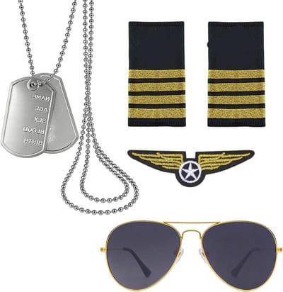 Set van 4 Piloten Kostuum Accessoires met Zonnebril, Schouderflappen, Embleem en ID Tag voor Feestjes en Verkleedpartijen