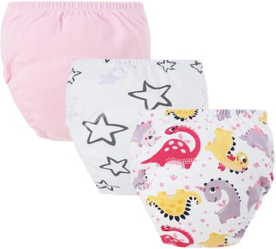 3-pack baby katoenen trainingsbroekjes - herbruikbare peuter zindelijkheidstraining broekjes - roze + paarse sterren + paarse dinosaurus (luiers) - geschikt voor jongens en meisjes van 12-18 kg