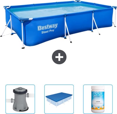 Bestway Rechthoekig Steel Pro Zwembad - 300 x 201 x 66 cm - Blauw - Inclusief Pomp - Afdekzeil - Chloor
