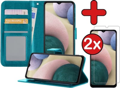 Hoesje - Met 2x Screenprotector - Geschikt voor Samsung Galaxy A12 - Luxe Pasjeshouder - Flip Case - Bookcase Portemonee - Kunstleer Book Case - Flipcase Hoes - Book Cover - Walletcase - Portemonneehoes - Telefoonhoes - Turquoise