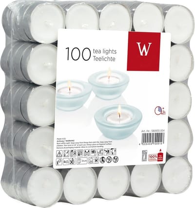 100x Witte theelichtjes/waxinelichtjes 4 branduren - Geurloze kaarsen
