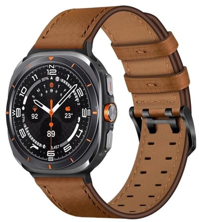 By Qubix - smartwatch bandje - Compatible Samsung bandje - Leren band met twin gesp - Donkerbruin - Geschikt voor Samsung Galaxy Watch 9 (40/44mm) - Watch 8 (40/44mm) - Watch 8 Classic (46mm)