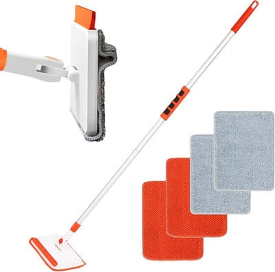 Muur- en Plintreiniger met 122 cm Steel – Wandreiniger - 4 Herbruikbare Pads – Geschikt voor Vloer, Tegels, Plafond en Ramen