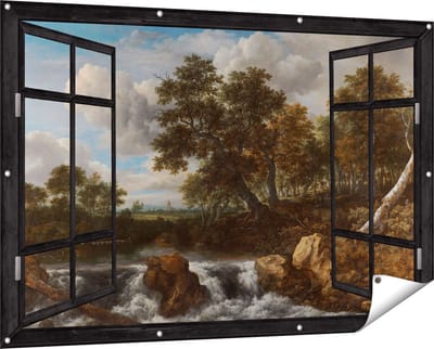 Gards Tuinposter Doorkijk Landschap met Waterval - Jacob van Ruisdael - 150x100 cm - Tuindoek - Tuindecoratie - Wanddecoratie buiten - Tuinschilderij