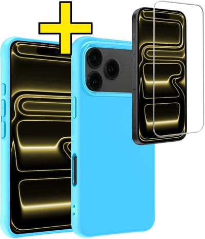 Hoesje - Met Screenprotector - Geschikt voor Apple iPhone 17 Pro - Sterk & Shockproof - Back Cover - Siliconen Case - Telefoon Hoes - Telefoonhoesjes - Lichtblauw