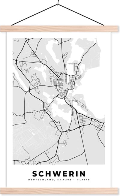 Posterhanger incl. Poster 40x60 cm - Schoolplaat - Duitsland - Plattegrond - Kaart - Schwerin - Stadskaart - Textielposter - Blanke latten - Stadskaart