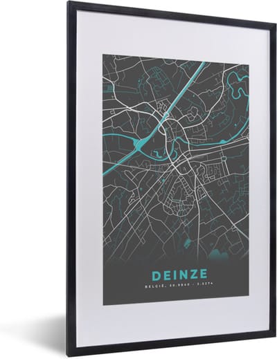 Fotolijst incl. Poster - Plattegrond – Deinze – Blauw – Stadskaart - Kaart - 40x60 cm - Posterlijst
