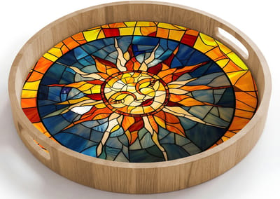 Dienblad rond 40x40 cm - Schootdienblad hout - Mozaïek - Zon - Geel - Cirkel - Borrelplank rechthoek - Plateau houten dienbladen