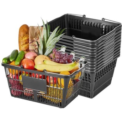 VEVOR Winkelmand, 12 stuks, 21 liter, stapelbare plastic mand met handvat, fijnmazig gaas, draagvermogen tot 9 kg, draagmand voor supermarkten, detailhandel, zwart