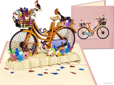 Popcards popupkaarten - Vrolijke Versierde Fiets met Bloemen en Vogeltjes Lente Zomer pop-up kaart 3D wenskaart