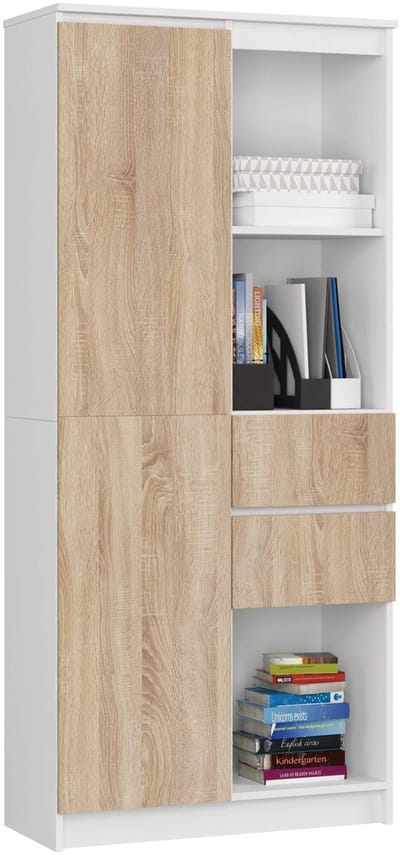 Kantoorkast R15 R80 met 2 Lades en 1 Deur / AKORD Furniture Factory / Wit – Sonoma Eik / 80 x 180 x 35 cm