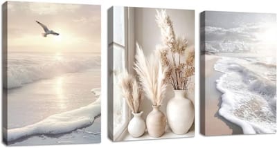 Famanu – Boho strandlandschap canvas set van 3 (30x40 cm) – beige pampas riet – zonsondergang – ingelijste wanddecoratie