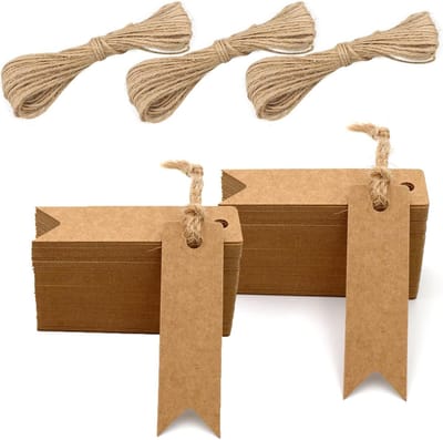 Mini Cadeauhangers van Kraftpapier - Set van 200 Stuks - 7 x 2 cm - Met Jute Koord - Bruin - Feestdecoratie - Cadeaulabels - DIY Crafts