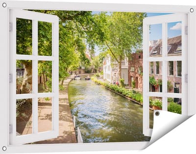 Gards Tuinposter Doorkijk Oudegracht in Utrecht - 90x60 cm - Tuindoek - Tuindecoratie - Wanddecoratie buiten - Tuinschilderij