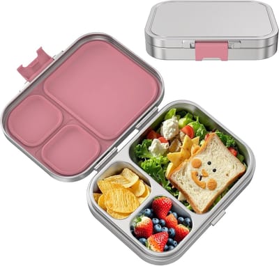 Famanu – Roestvrijstalen bento lunchbox met 3 vakken - lekvrij - BPA-vrij - vaatwasmachinebestendig - geschikt voor school, kleuterschool en onderweg (roze)