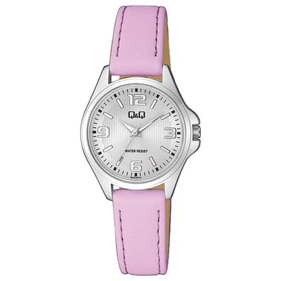 Q&Q QA07J354Y - Horloge - Analoog - Vrouwen - Dames - Leren band - Rond - Metaal - Cijfers - Paars - Zilverkleurig - 3 ATM