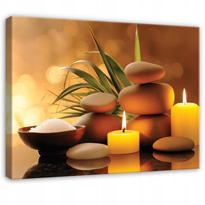 WALLARENA - Schilderij op canvas - 100x70 cm - spa stenen en kaarsen - wellness wanddecoratie voor badkamer, spa en massageruimte