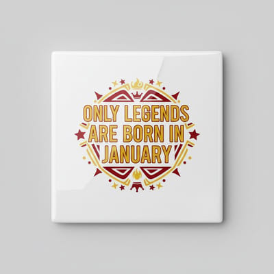 Only Legends Are Born in January Keramische Tegel 15x15 cm – Verjaardag Cadeautegel met Rood-Gouden Decoratief Design