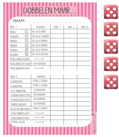 Dobbelblok met dobbelstenen - Yahtzee scoreblok - gedessineerd - roze dobbelstenen - streep