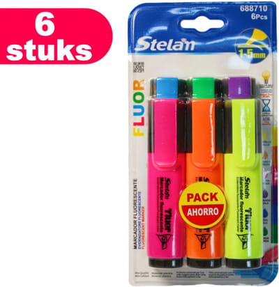 Decopatent - 6 Stuks Markeerstiften - Tekstmarker - Markeerstift Stelam - Markeren Met Fluorescerende Stift marker - 6x Diverse felle Fluor kleuren: Blauw / Groen / Paars / Geel / Orange / Roze