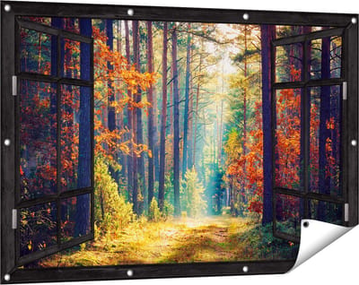 Gards Tuinposter Doorkijk Herfstbos met Zonneschijn - Kleur - 120x80 cm - Tuindoek - Tuindecoratie - Wanddecoratie buiten - Tuinschilderij