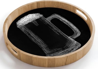 Dienblad rond 40x40 cm - Schootdienblad hout - Bierpul - Schuim - Krijttekening - Borrelplank rechthoek - Plateau houten dienbladen