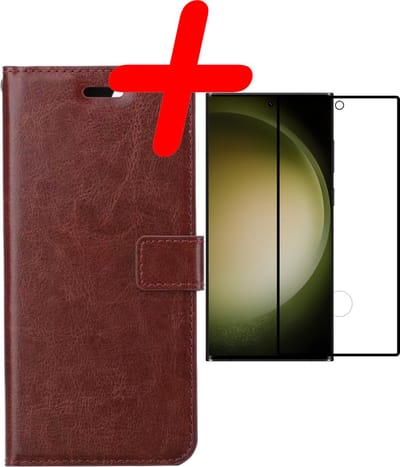 Hoesje Met Screenprotector - Geschikt voor Samsung Galaxy S23 Ultra - Luxe Pasjeshouder - Bookcase Portemonee - Flip Case - Kunstleer Book Case - Flipcase - Book Cover - Walletcase - Portemonneehoes - Bruin