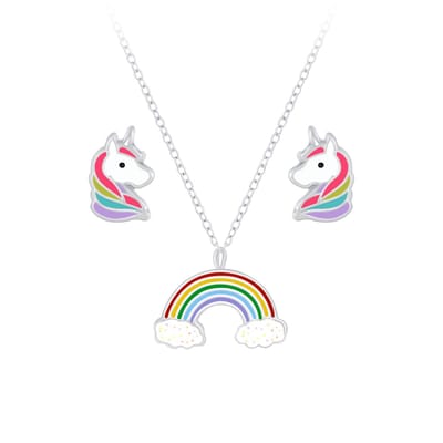 Zilveren unicorn kinderoorbellen en regenboog ketting | eenhoorn oorknopjes Meisje Zilver | kinderketting regenboog | kindersetje oorstekers ketting | kindersieraden meisje sets zilver| Zilverana | Sterling 925 Silver