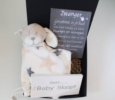 Minibox knuffeldoek dog - cadeau baby - cadeau zwangerschap - kraam cadeau - kraammand
