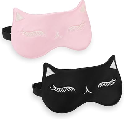Zijden Verduisterend Oogmasker - 2 Stuks voor Vrouwen, Schattig Kattenslaapmasker met Verstelbare Band voor Tieners, Mannen, Slaap en Reisbenodigdheden