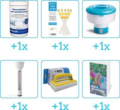 Zwembad Onderhoudspakket - Onderhoud Zwembad - bevat Chloor - Testrips - Chloordrijver - Thermometer - Scrubborstel en Zwembadgids (6-delig)