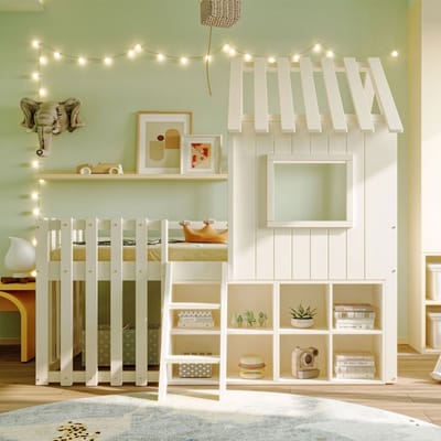 PugsdrlyKinderhuisbed 90x200, met dak en raam, met open opbergruimte, met ladder, stapelbed voor kinderen van massief hout zonder matras, wit