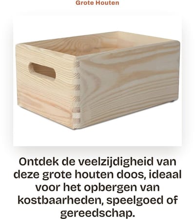 Dailygoods- Houten Doos Grote Maat - Opbergdoos met Handgrepen - Perfect voor Speelgoed - Kist voor Kostbaarheden - 30 x 20 x 14 cm - Ongeverfd
