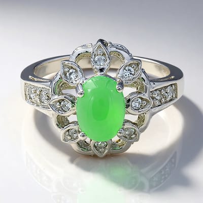 Cavill - Ring 925 Sterling Zilver - Keizerlijk Chrysopraas 0,53 ct + 20 Witte Topaas 0,34 ct - Elegant Bloemmotief - Maat 17