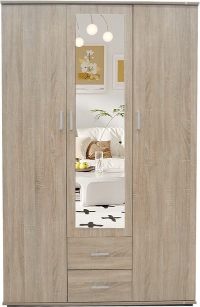 Interiax Kledingkast 'Lena' – 3 Deuren, 2 Lades, 1 Hanger, Spiegel & 4 Legplank | Sonoma Eik | 185x120x52cm