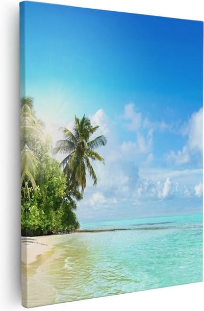 Artaza Canvas Schilderij Strand - 80x100 cm - Groot - Wanddecoratie Zee - Muurdecoratie Tropisch Eiland - Schilderijen Op Canvas Palmbomen
