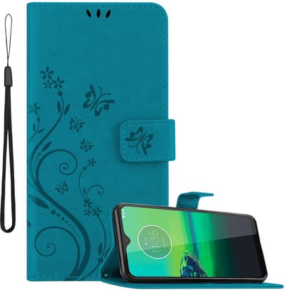 Cadorabo Hoesje geschikt voor Motorola MOTO G8 in Blauw - Beschermhoes in bloemmotief met magnetische sluiting, standfunctie en kaartsleuven Book Case Cover Etui