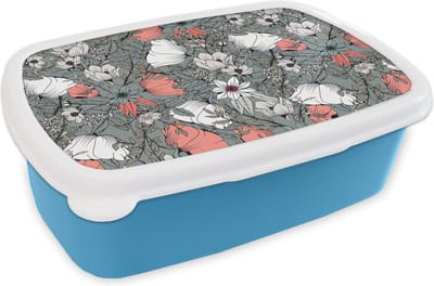 Broodtrommel Blauw - Lunchbox - Brooddoos - Klaproos - Schets - Vintage - 18x12x6 cm - Kinderen - Jongen