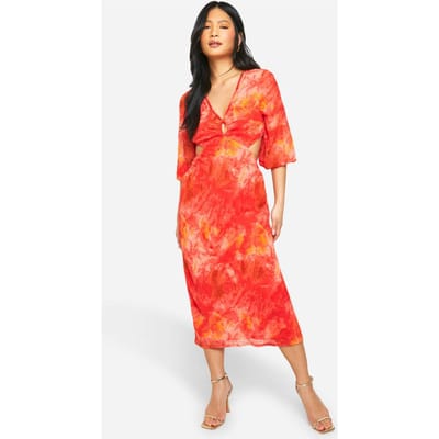 boohoo Dames Petite Bedrukte Chiffon Midaxi-Jurk | Rood | Maat: 34