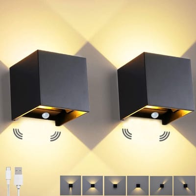 AHD® Binnenwandlamp met snoer - Wandlamp - Binnenwandlamp - 3000K Warm wit - 2 stuks batterijwandlamp voor binnen met bewegingssensor - Zwart - 10cm x 10cm x 10cm