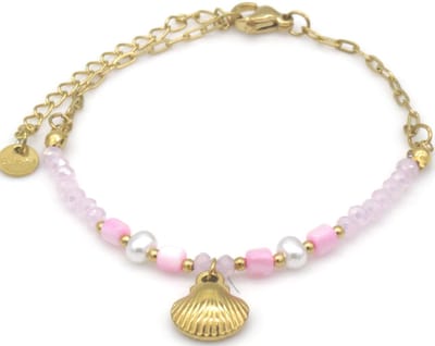 Dames Armband – RVS – Glaskralen & Schelp – Boho Stijl – Verstelbaar 16-21cm